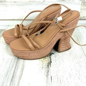 Marc Fisher Womens 8.5 Tan Leather Buckle Platform Strappy Espadrille Sandal NEW